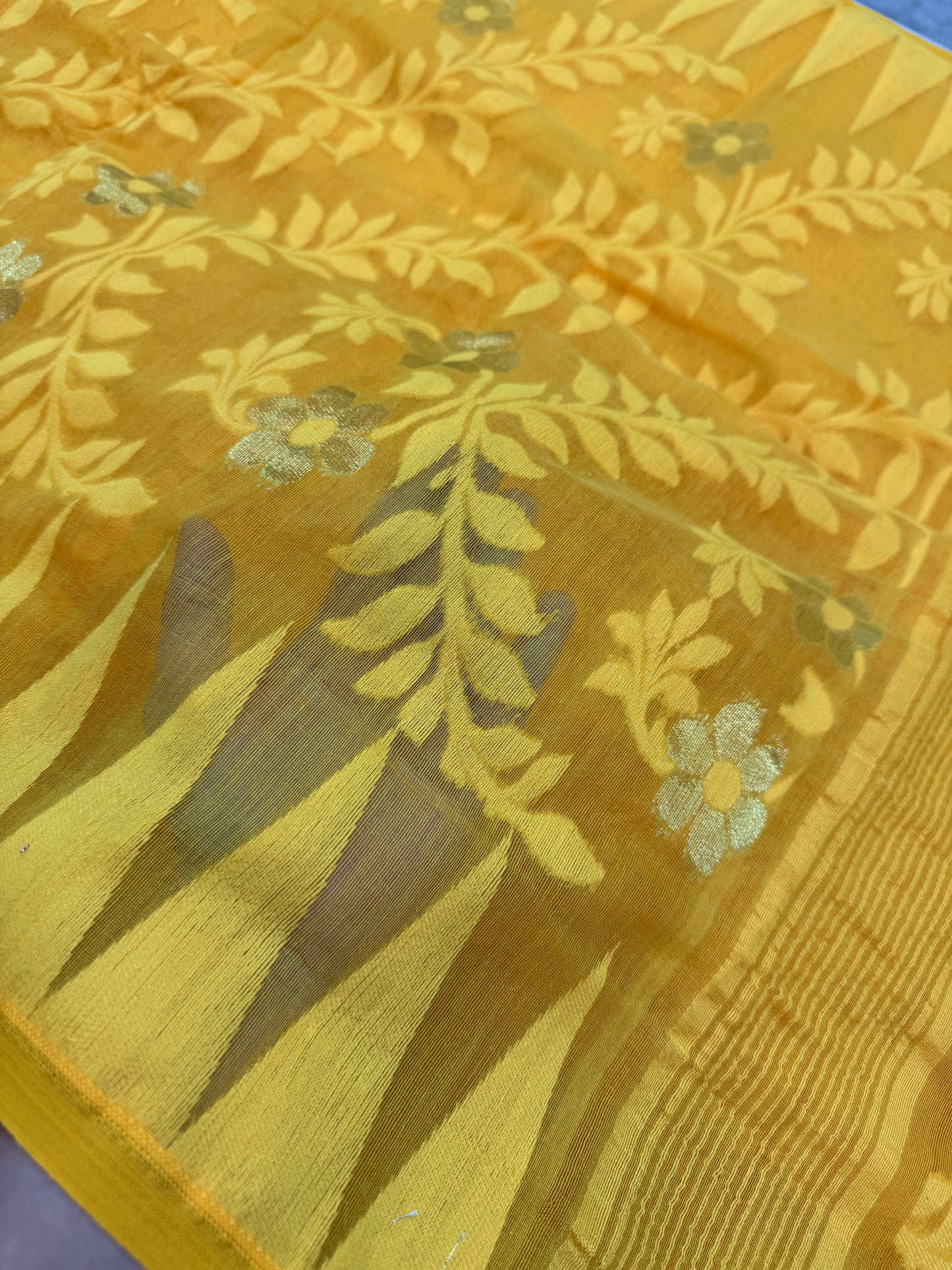 Jaya : Bright Yellow and Gold Blended Soft Cotton Jamdani Saree image 3