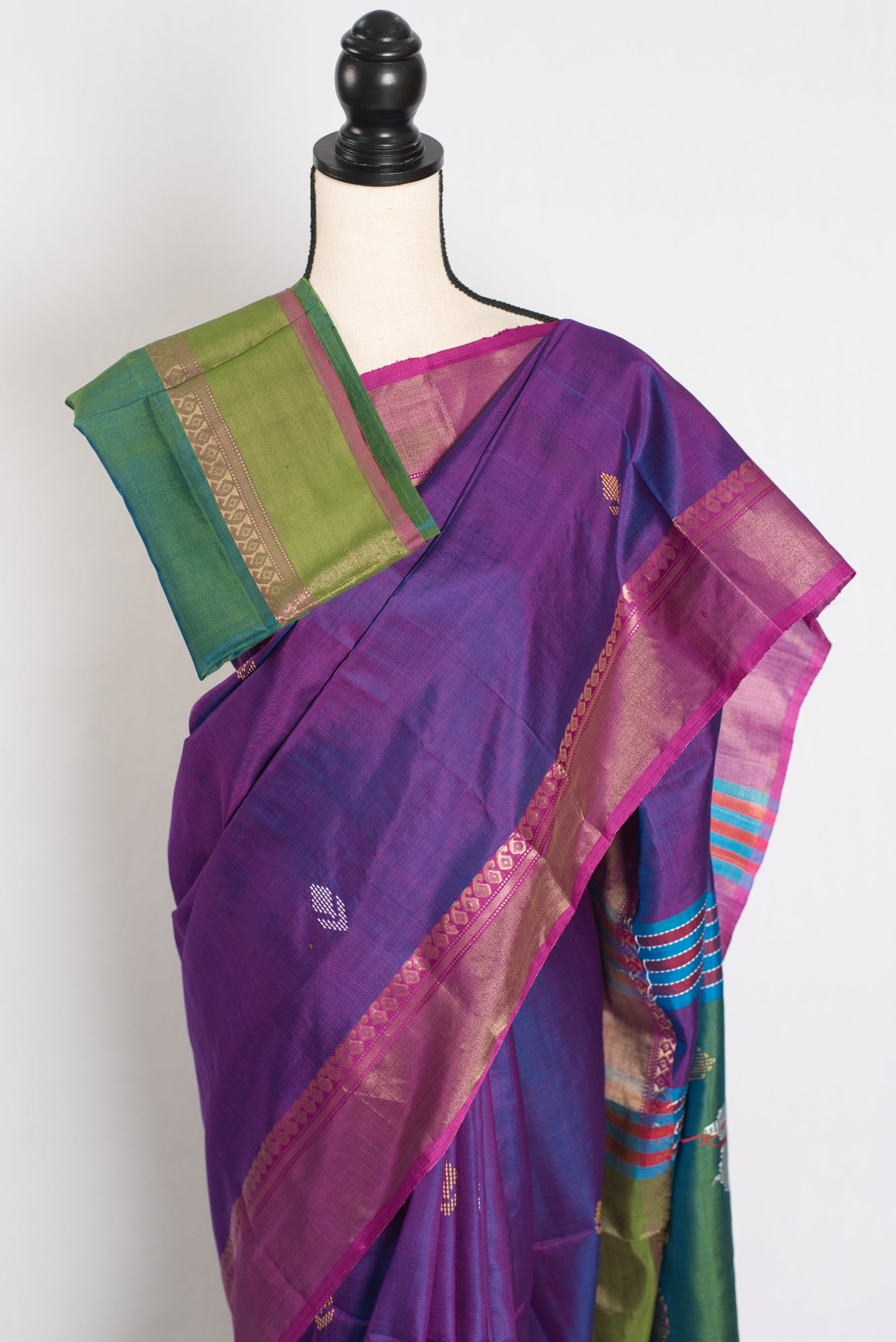 Bani : Lightweight Bishnupur Katan Silk Saree in Purple and Green image 2