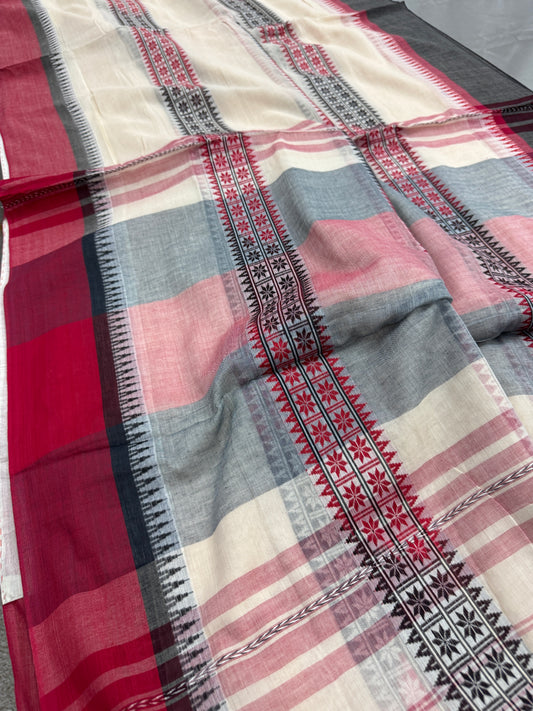 Shwetaraga : Handwoven Off White and Red Classic Bengali Cotton Saree image 0