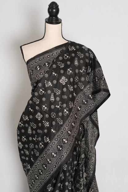 Kriti : Black Pure Silk Hand-Embroidered Kantha Stitch Saree with Warli Designi image 6