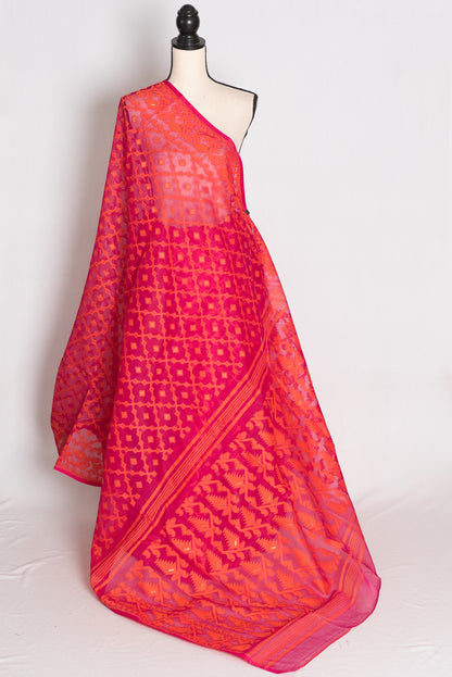 Nagma : Pink and Orange Soft Blended Cotton Jamdani Saree image 1