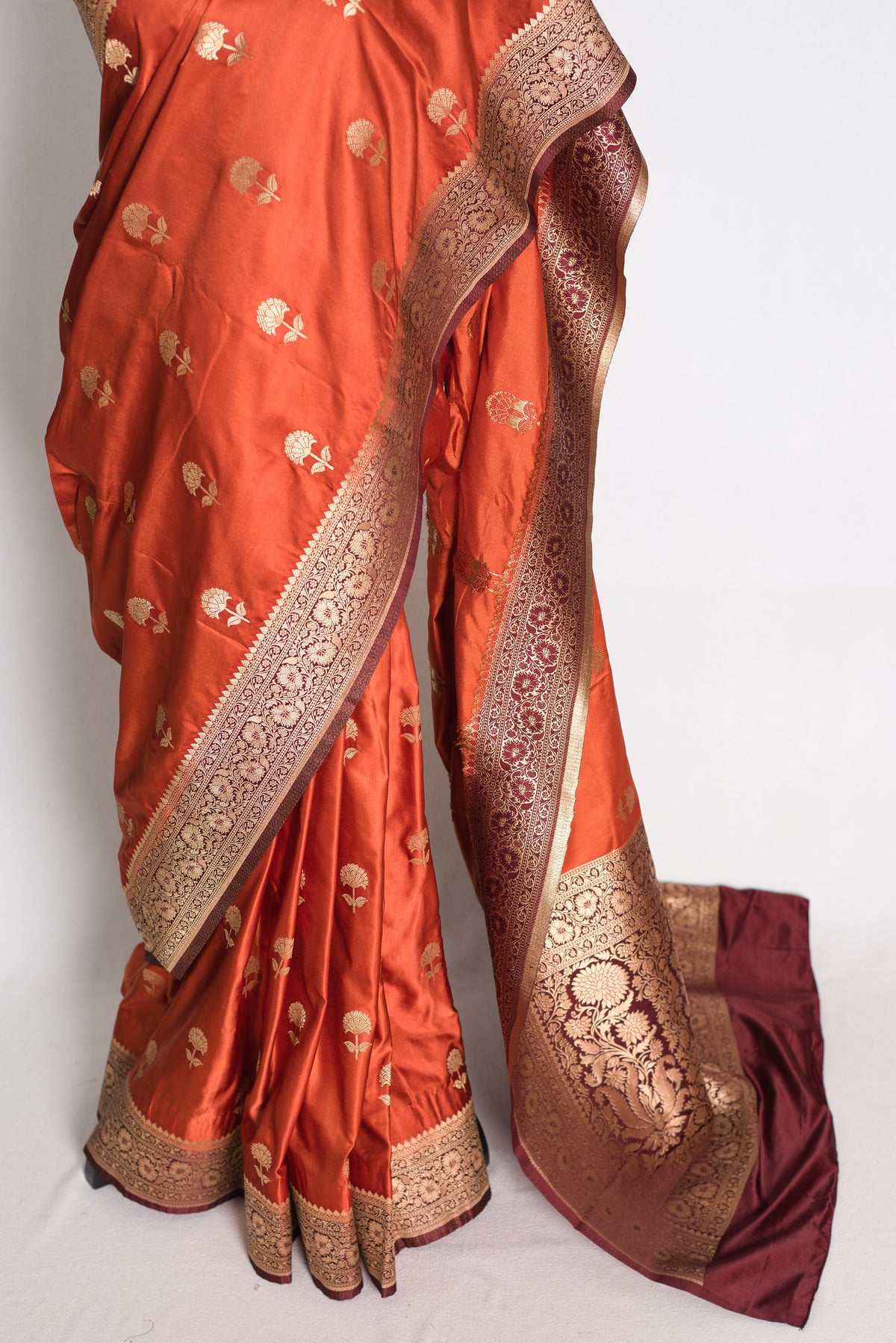 Mati: Rust Orange and Brown Semi Mashru Silk Banarasi Saree with 36 Size Blouse image 7