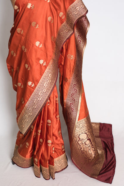 Mati: Rust Orange and Brown Semi Mashru Silk Banarasi Saree with 36 Size Blouse image 7