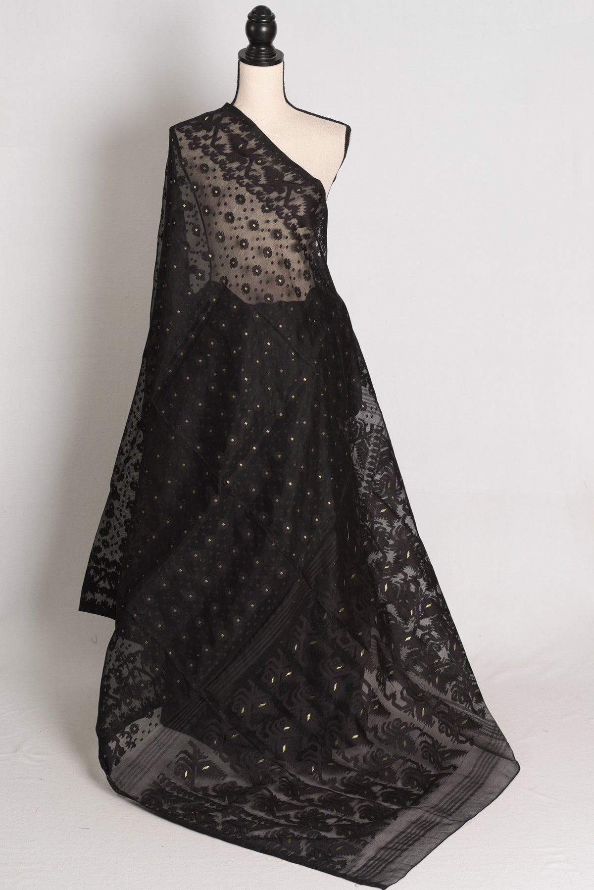 Koli : Midnight Black and Gold Soft Blended Cotton Bengali Jamdani Saree image 1