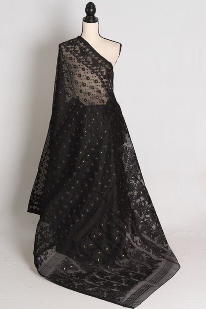 Koli : Midnight Black and Gold Soft Blended Cotton Bengali Jamdani Saree image 1