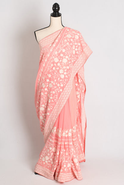 Samira : Peach and White Georgette Embroidered Partywear Saree image 0