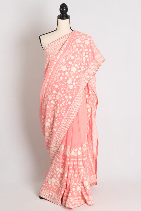 Samira : Peach and White Georgette Embroidered Partywear Saree image 0