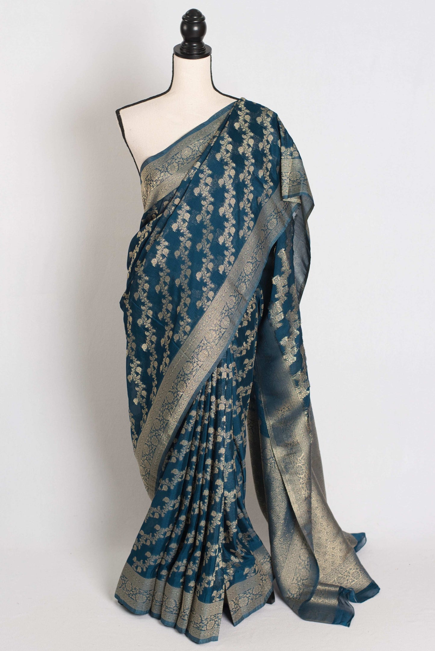 Mina : Semi Georgette Budget Friendly Banarasi Saree in Dark Blue image 0