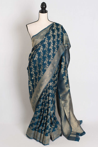 Mina : Semi Georgette Budget Friendly Banarasi Saree in Dark Blue image 0