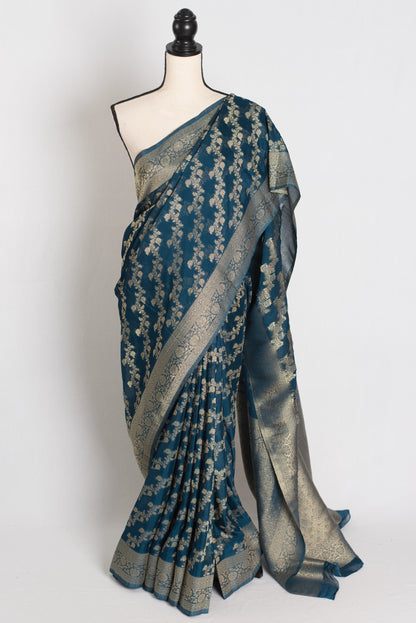Mina : Semi Georgette Budget Friendly Banarasi Saree in Dark Blue image 0