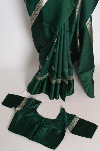 Protha : Bottle Green Tussar Silk Banarasi Saree with 36 Size Blouse image 2