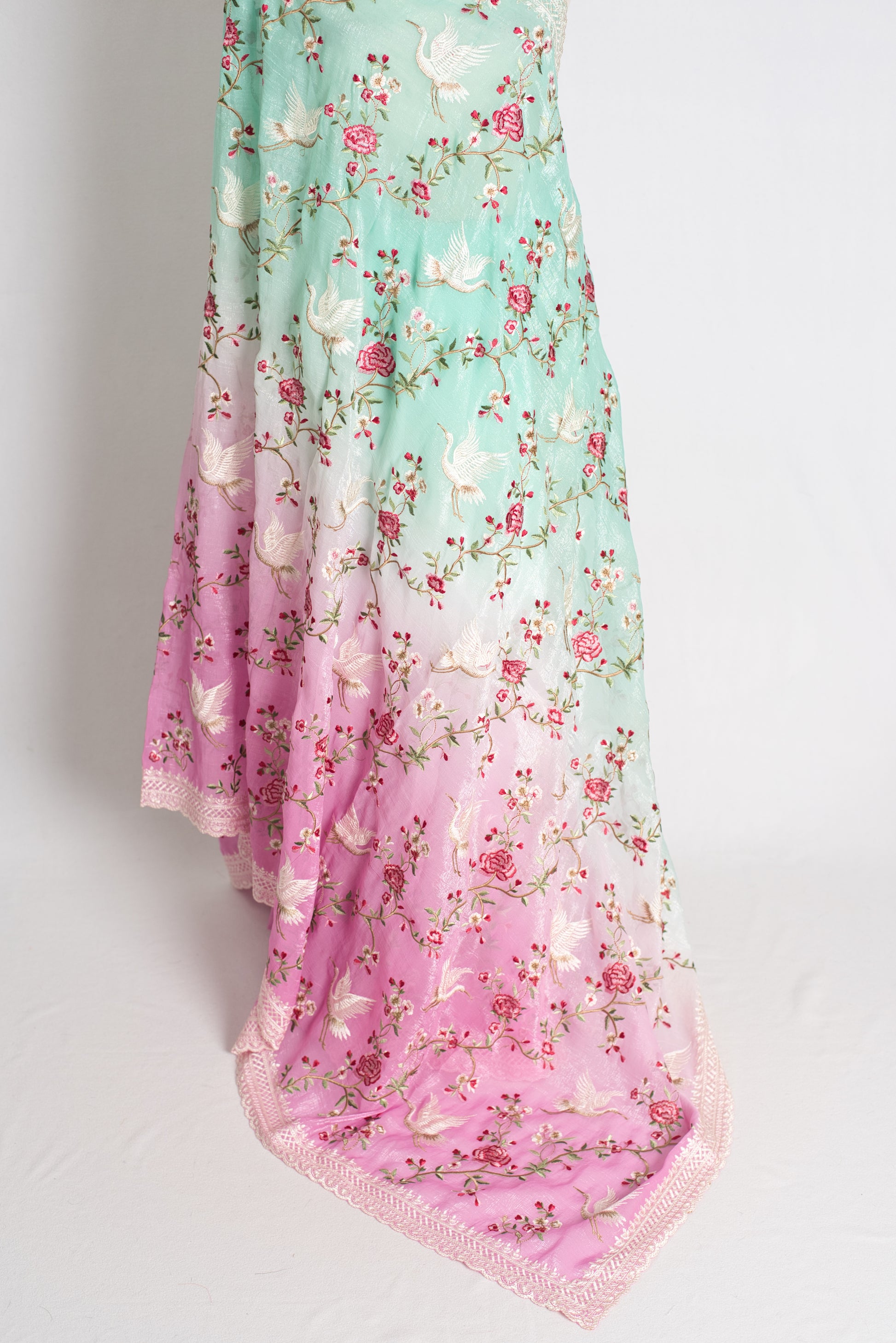 Farah : Sea Green and Pink Parsi Embroidery Designer Tissue Saree image 3