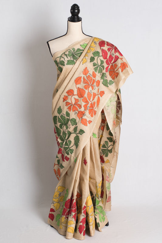 Madhabilata - Hand Embroidered Tussar Silk Kantha Work Saree image 0