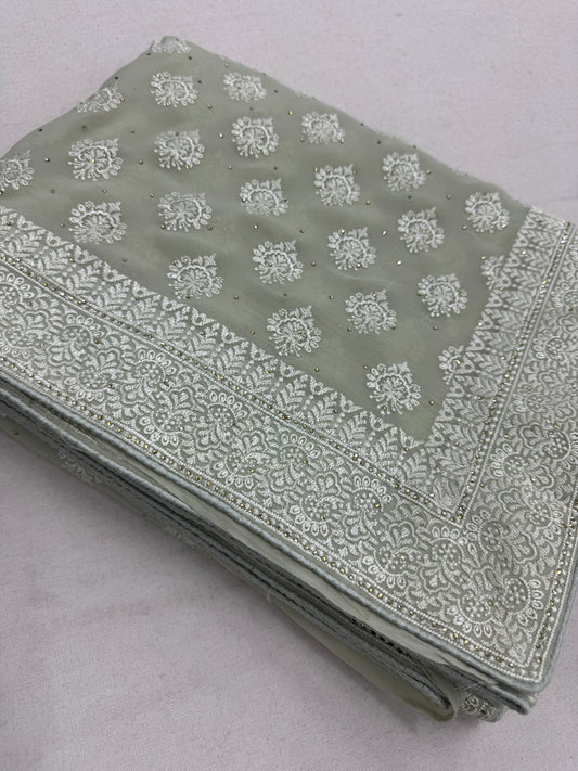Medha | Sage Green Georgette Cocktail Saree | Elegant Pastel Floral Bootis image 1