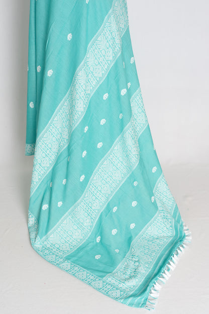 Ashmi : Sea Green & White Soft Pure Cotton Handloom Assamese Saree image 3
