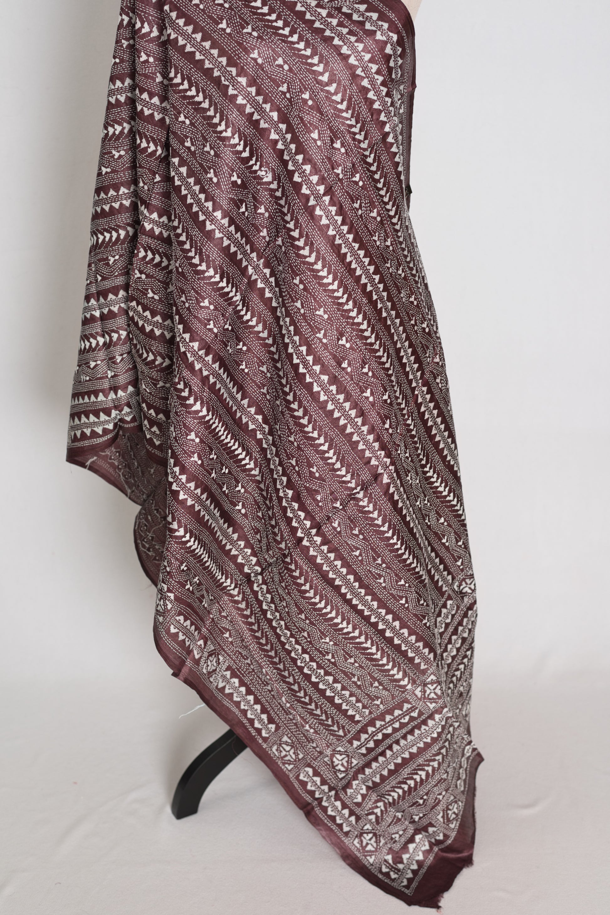 Artisanal West Bengal Dark Brown Pure Desi Tussar Silk Kantha Dupatta image 2