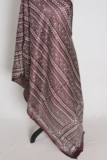 Artisanal West Bengal Dark Brown Pure Desi Tussar Silk Kantha Dupatta image 2