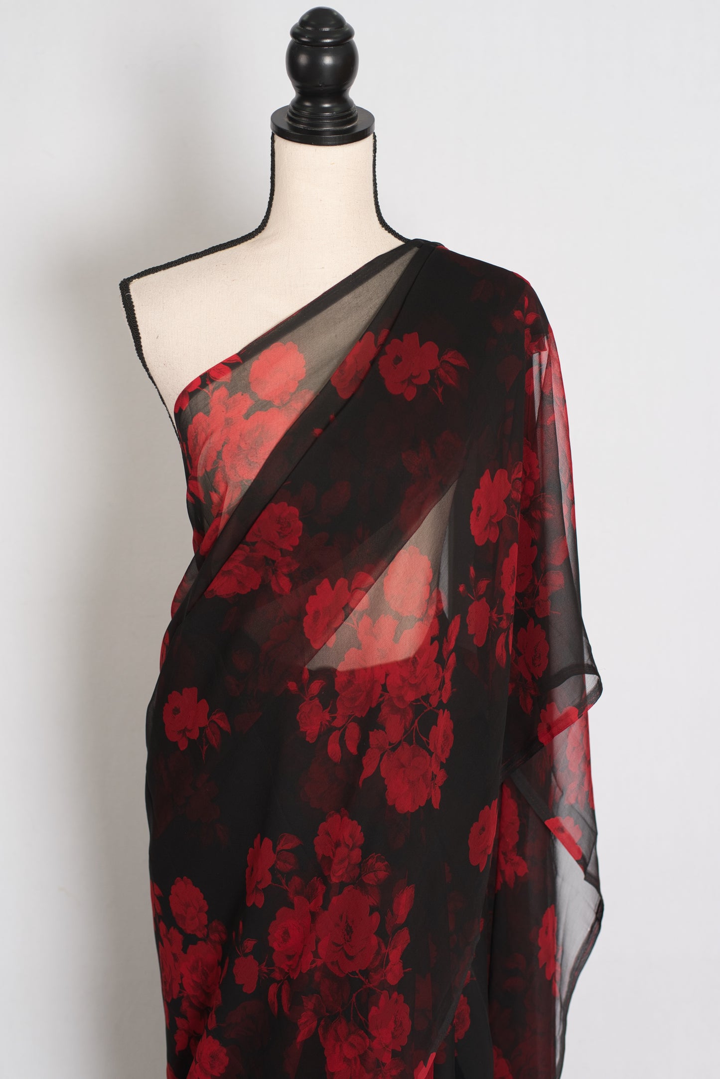 Mita : Black and Red Rose Printed Chiffon Saree - Budget Clearance Edition image 4