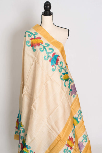 Mala : Hand Painted Kalamkari Tussar Silk Saree in Cream and Yellow image 4