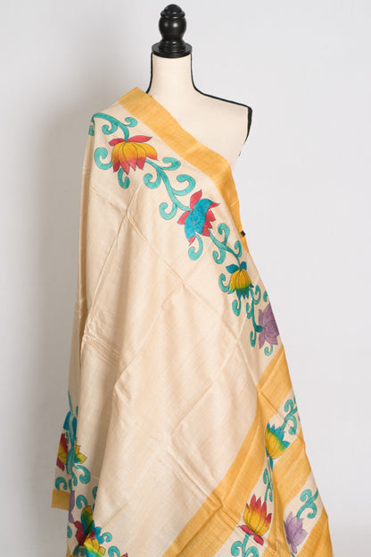 Mala : Hand Painted Kalamkari Tussar Silk Saree in Cream and Yellow image 4