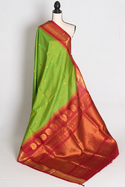 Nabanita : Parrot Green and Red Handwoven Pure Gadwal Silk Saree image 1