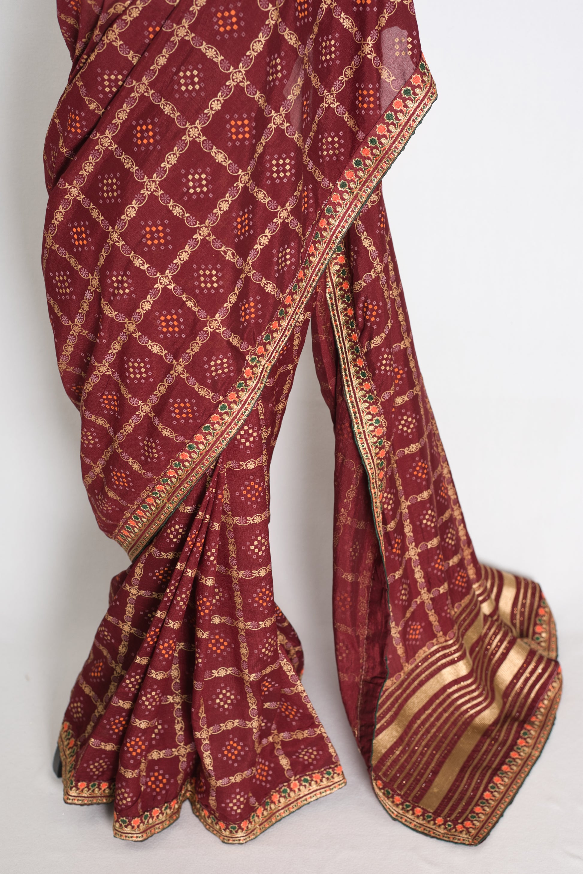 Moni: Maroon Gharchola Saree with Gold Print and Embroidered Border image 6