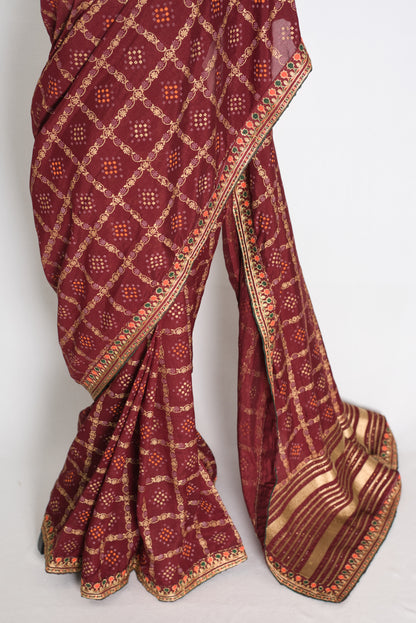 Moni: Maroon Gharchola Saree with Gold Print and Embroidered Border image 6