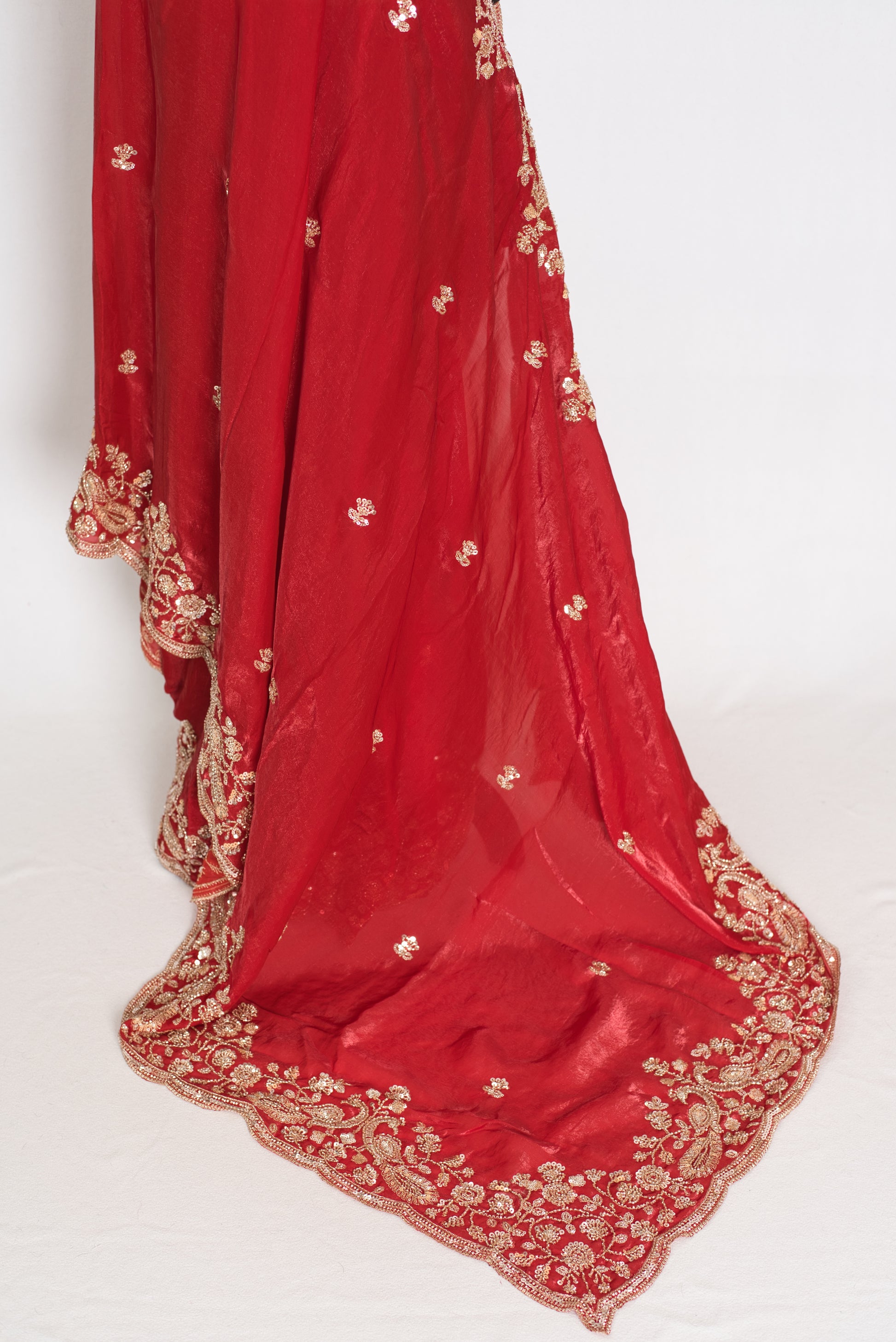 Roshni | Bright Red Tissue Saree | Pre-Stitched Size 40 Blouse image 4
