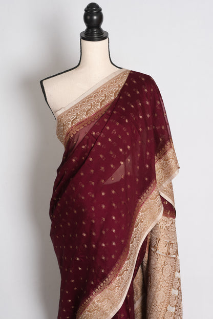 Savita: Maroon Semi Georgette Banarasi Saree with White Border image 5