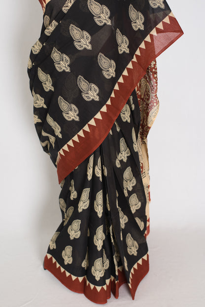 Kajal: Black Mulmul Cotton Saree with Kalamkari Prints | Pure Bengali Cotton image 5