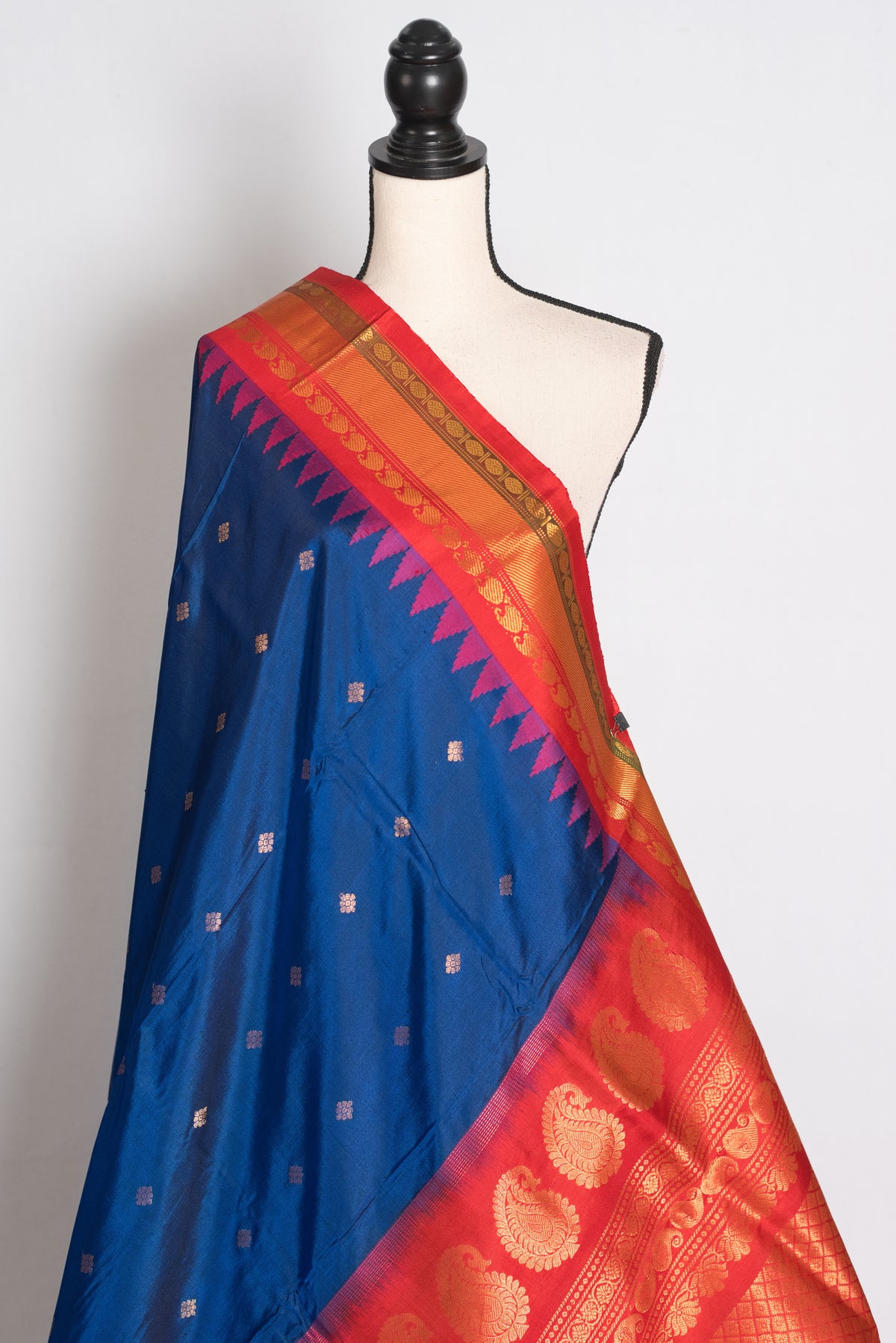 Pooja: Deep Peacock Blue Handloom Gadwal Pure Silk Saree with Red & Gold Zari image 4