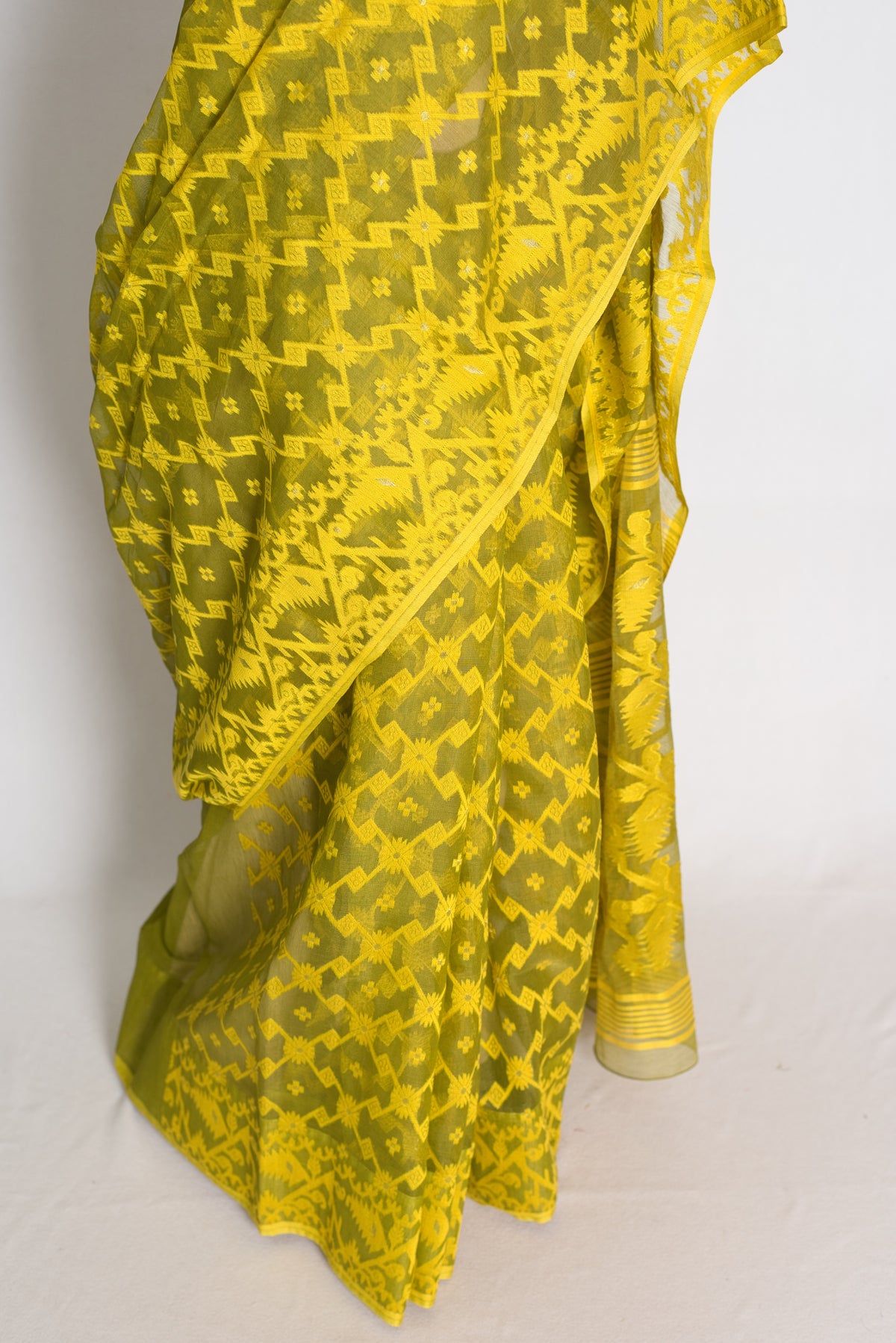 Heena Green and Yellow Jamdani saree — pallu view