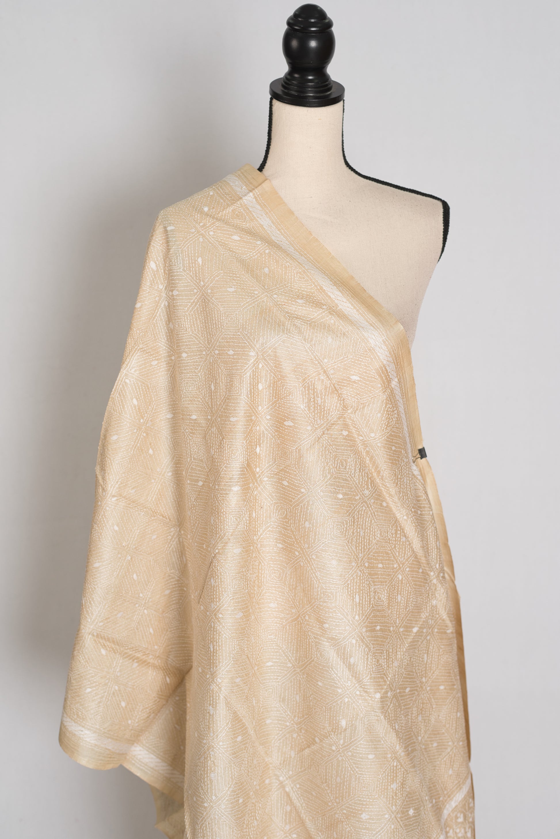 Artisanal West Bengal Beige & White Pure Gachi Tussar Silk Kantha Dupatta image 1