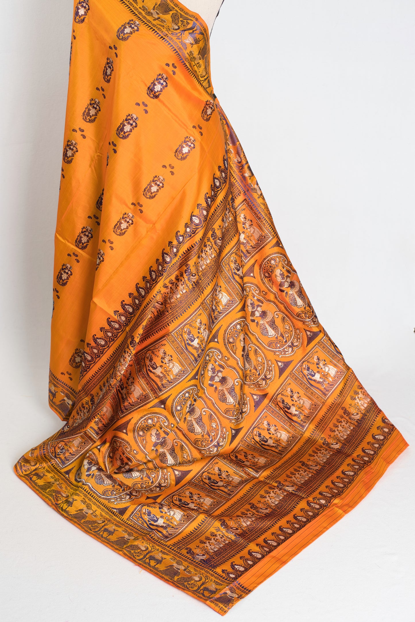 Bidisha : Traditional Baluchari Silk Saree from Bengal in Orange image 3
