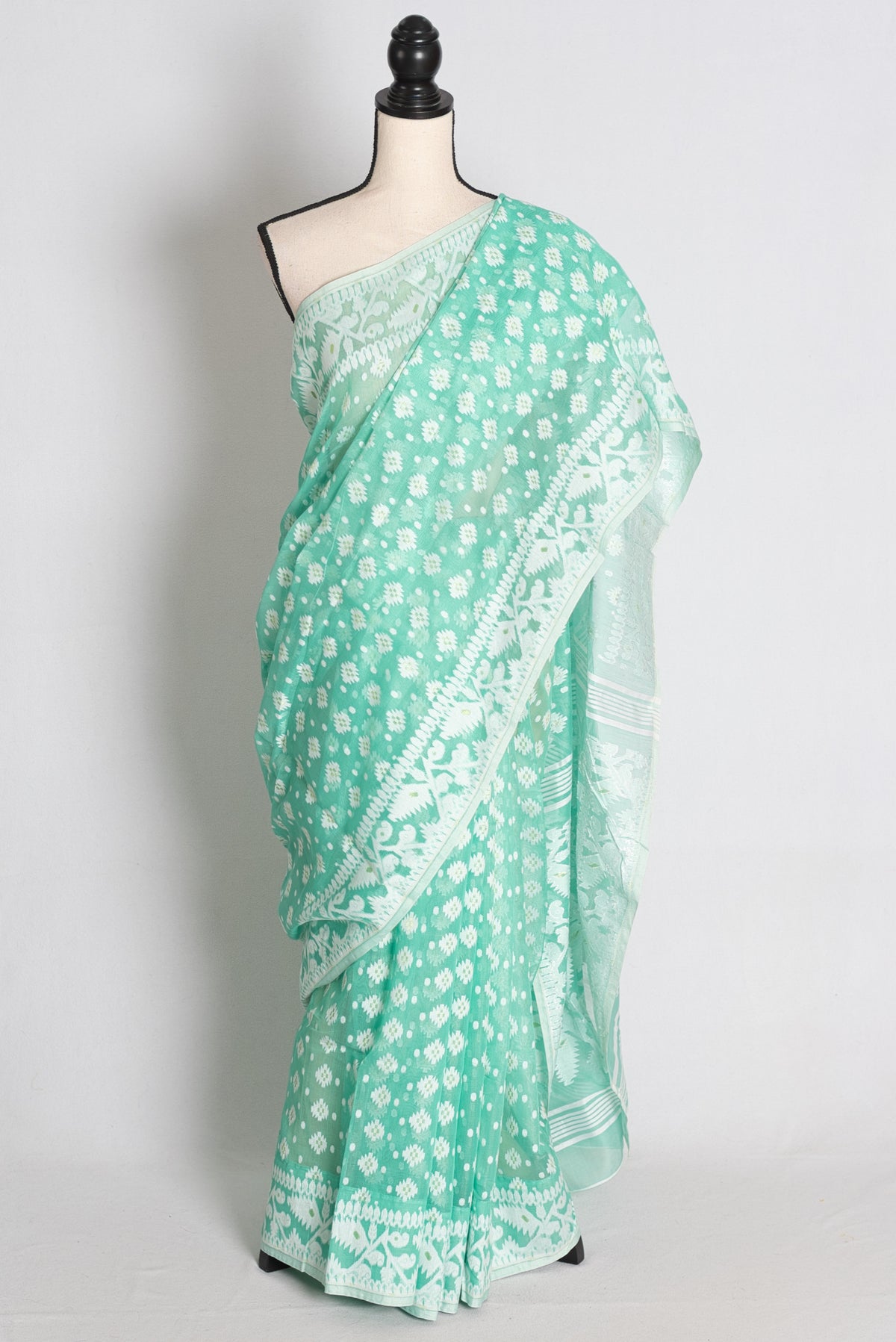 Sea Green and White Jamdani saree — view