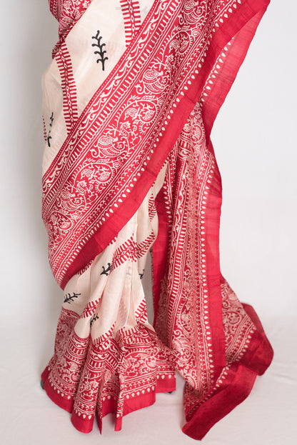 Durga : Traditional Off-White and Red Printed Murshidabad Pure Silk Saree image 6