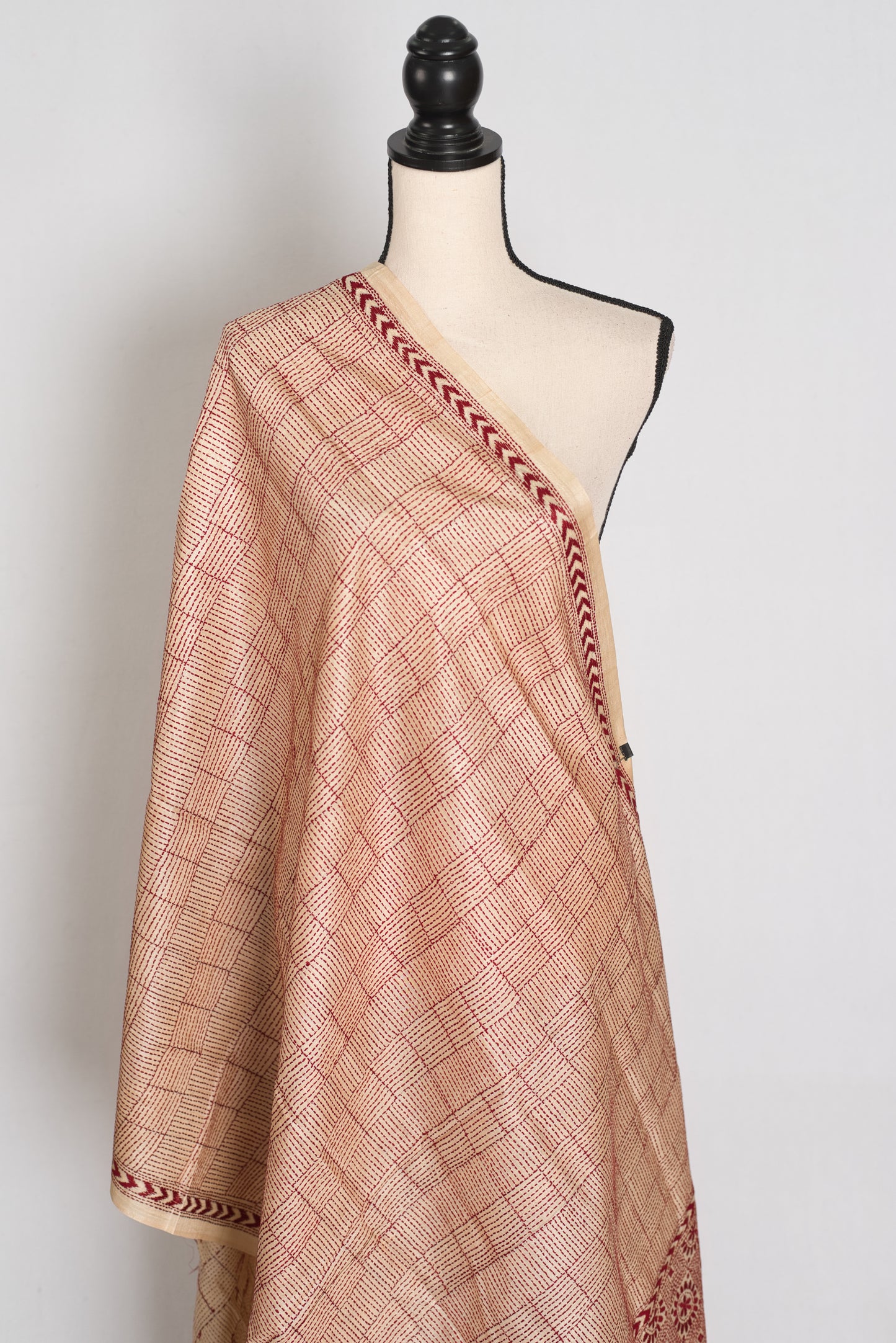 Bengal Kantha Stitch Deep Red Pure Tussar Silk Dupatta & Shawl - Rai image 1