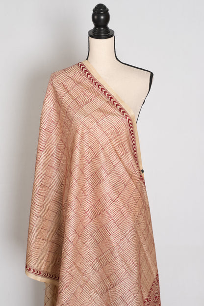 Bengal Kantha Stitch Deep Red Pure Tussar Silk Dupatta & Shawl - Rai image 1