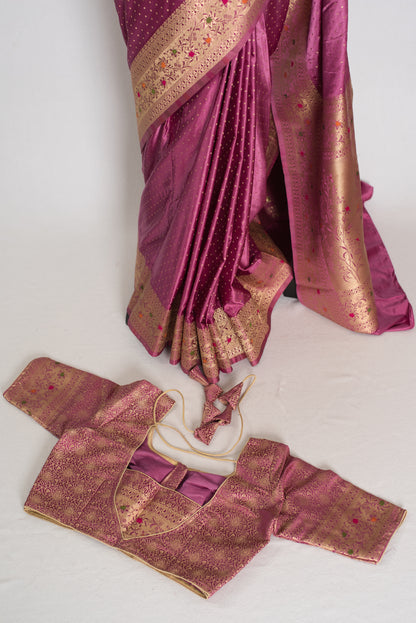 Indrani | Purplish Pink Semi Mashru Banarasi Saree | Pre-Stitched Size 36 Blouse image 2