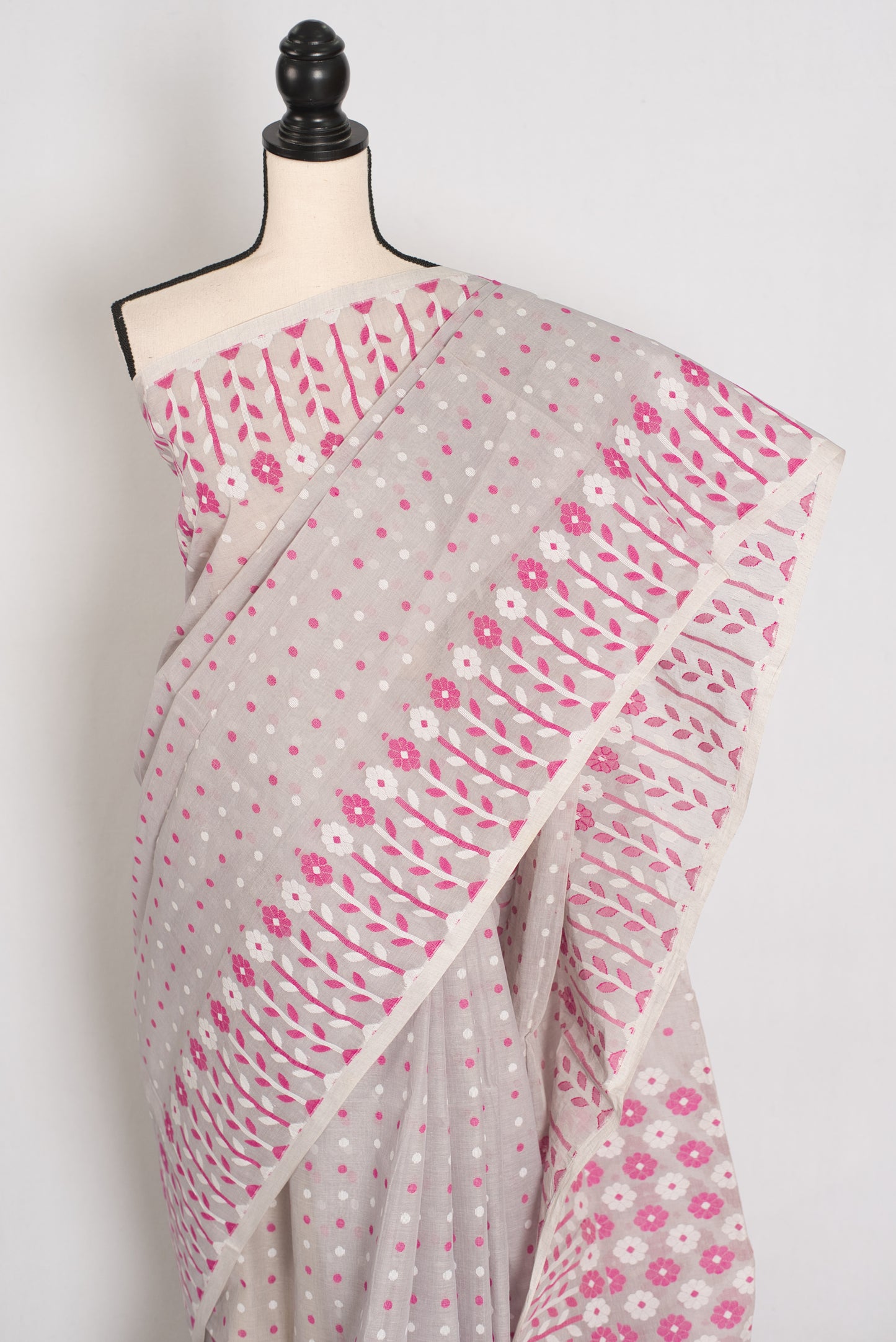 Geeta: Gray, Pink and White Pure Cotton Jamdani Saree with Blouse image 6