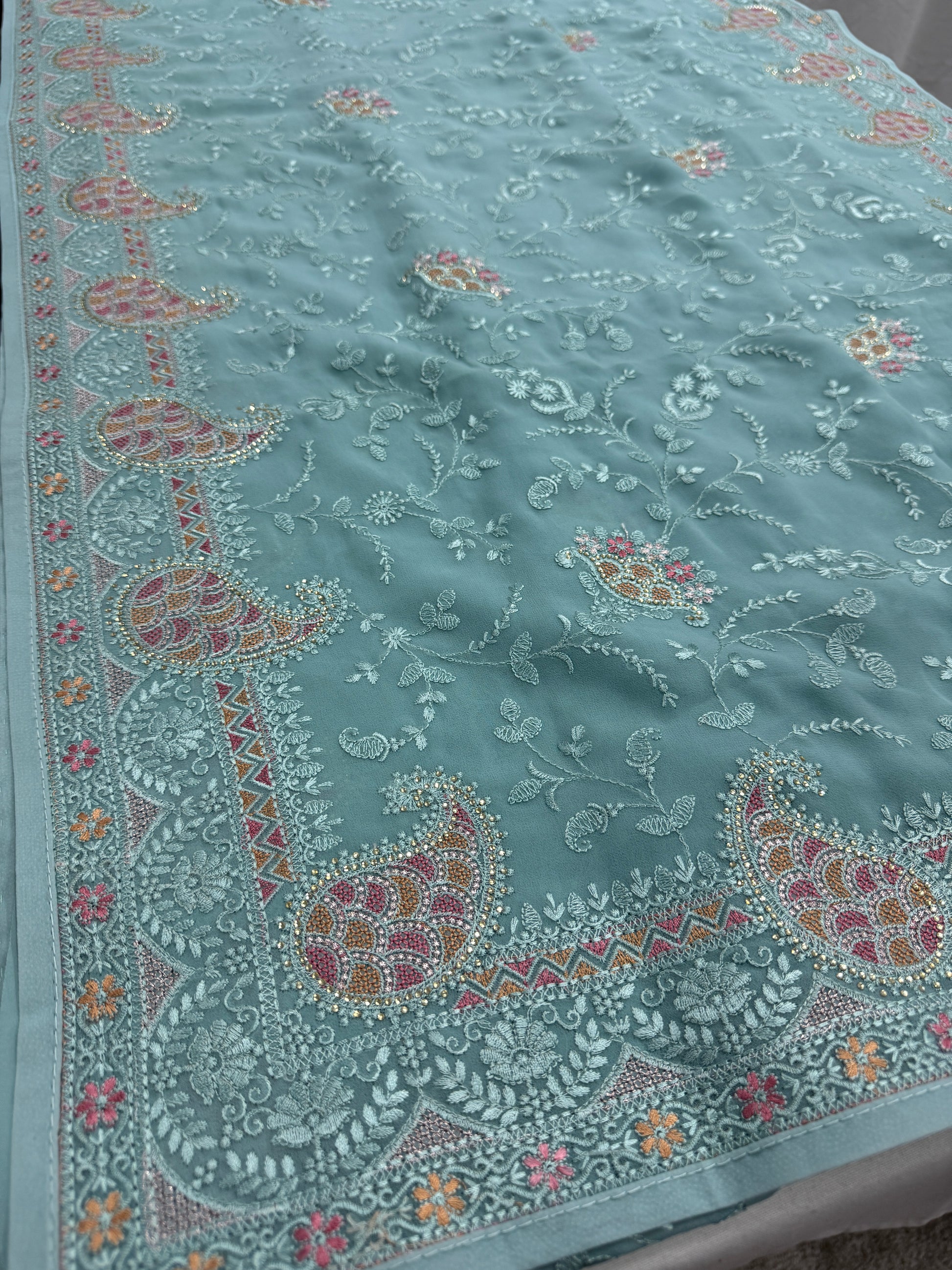 Sudha | Soft Blue Georgette Partywear Saree | Soothing Pastel Floral Embroidery image 4