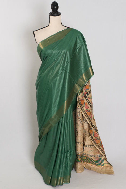 Bina : Dark Green Staple Tussar Saree | Hand-Painted Madhubani Pallu image 0