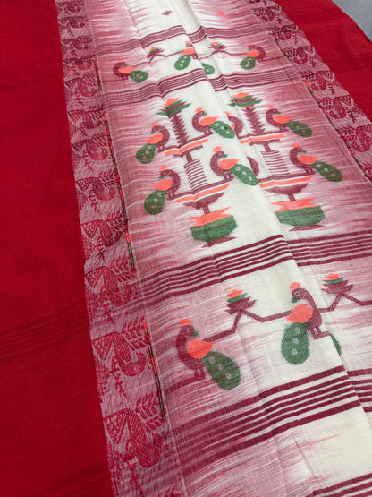 Devi : Off White and Red Soft Cotton Bengal Handloom Saree image 3