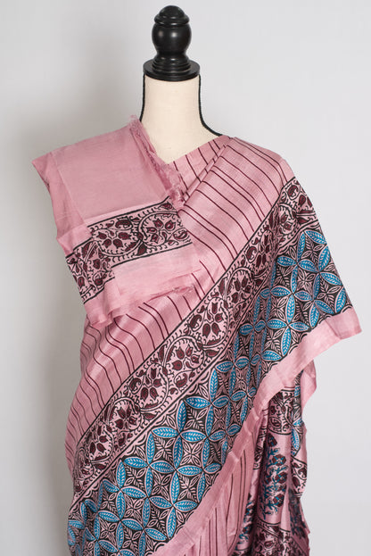 Archana : Soft Pink and Black Hand Block Printed Murshidabad Silk Saree image 2