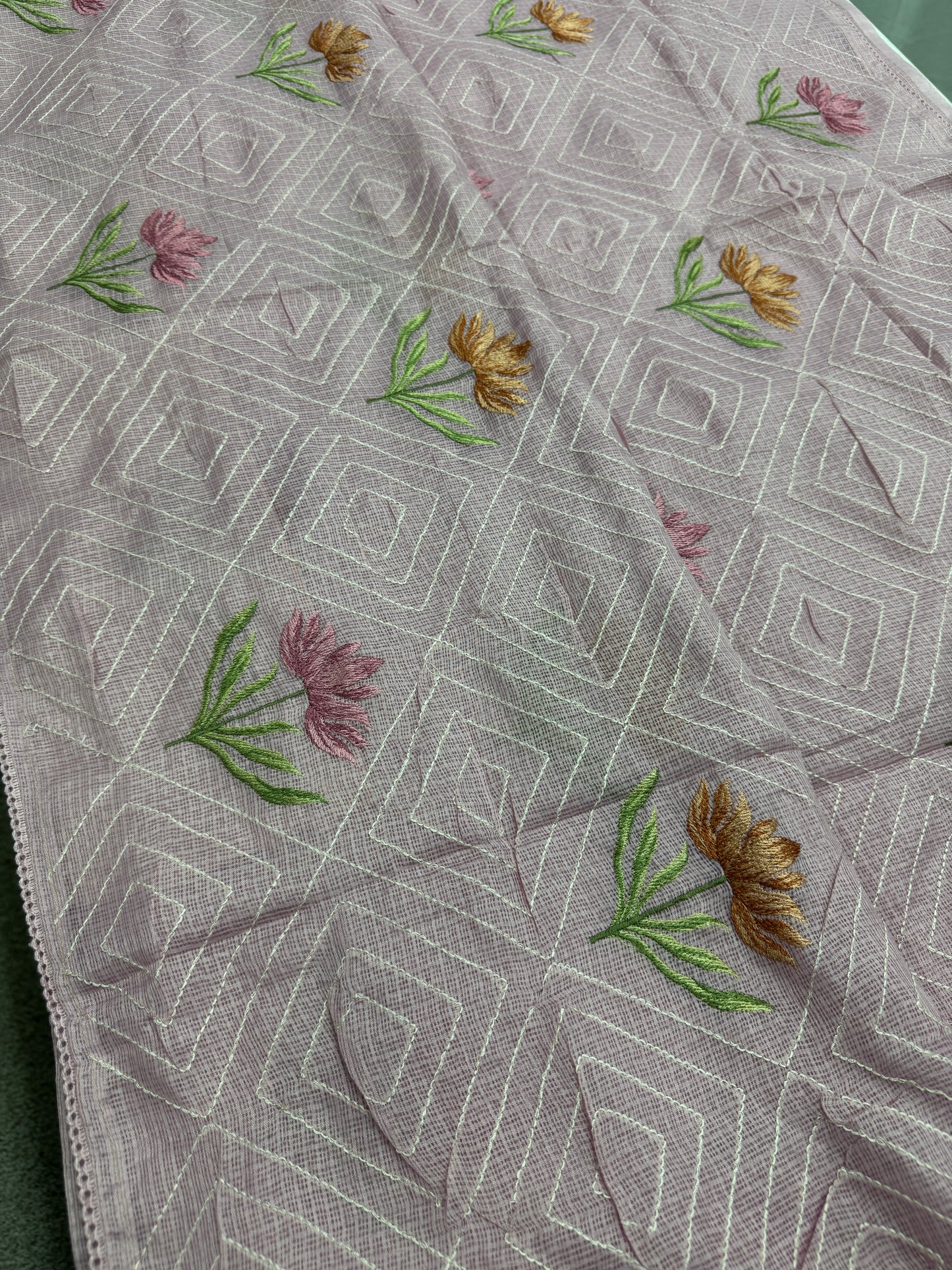 Laila | Soft Lavender Semi Kota Silk Saree | Pastel Floral Machine Embroidery image 1