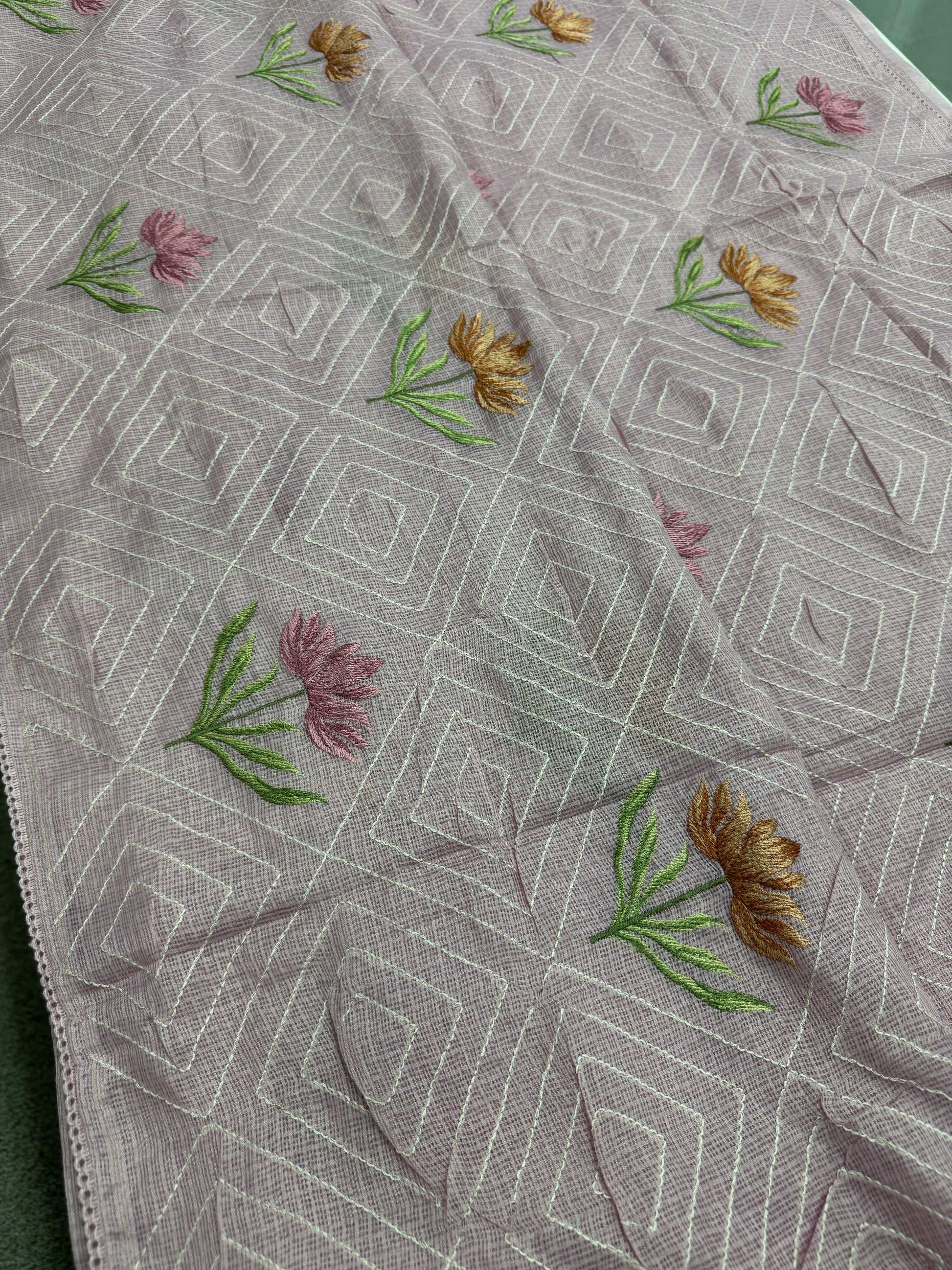 Laila | Soft Lavender Semi Kota Silk Saree | Pastel Floral Machine Embroidery image 1