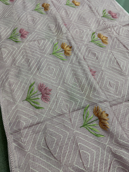 Laila | Soft Lavender Semi Kota Silk Saree | Pastel Floral Machine Embroidery image 1