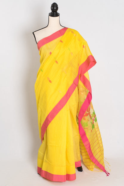 Shruti: Bright Yellow & Pink Bengal Linen-Cotton Saree | Handwoven Jamdani Pallu image 0