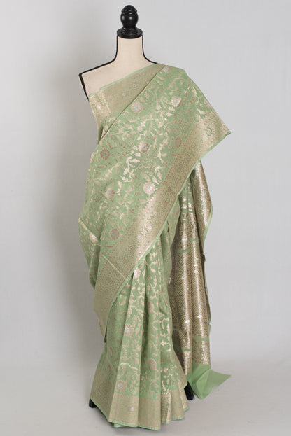Mohini: Sea Green & Gold Jamdani Banarasi Saree | Cotton Silk Fusion image 0