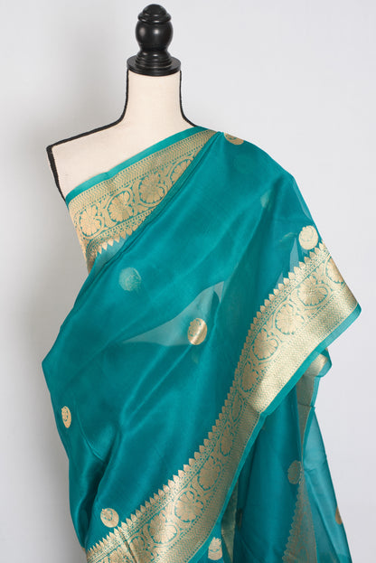 Ritaja : Rama Green and Gold Kora Organza Banarasi Saree with 38 Size Blouse image 6